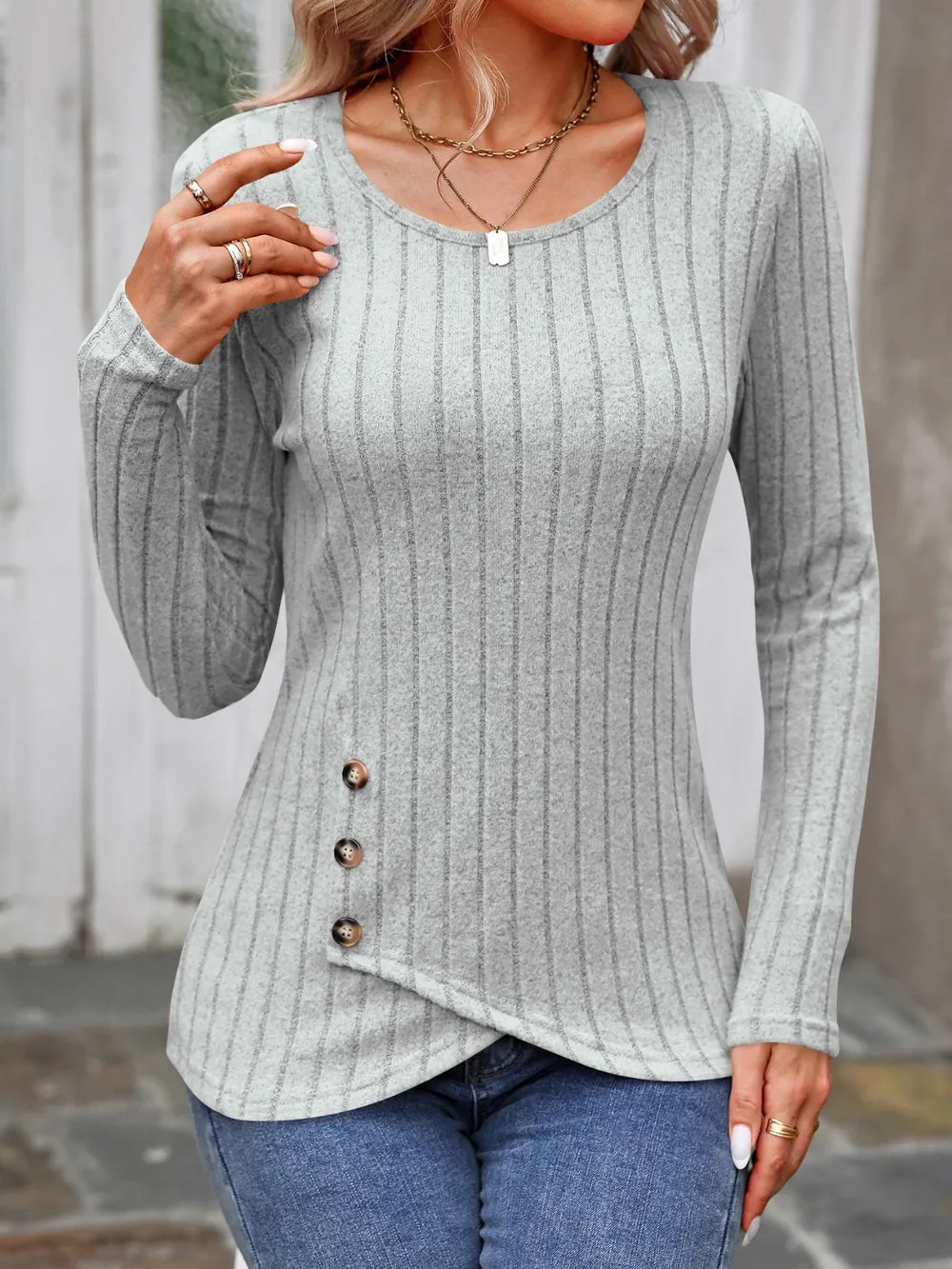 Decorative Button Round Neck Long Sleeve T-Shirt – Trendsi | ClozArt