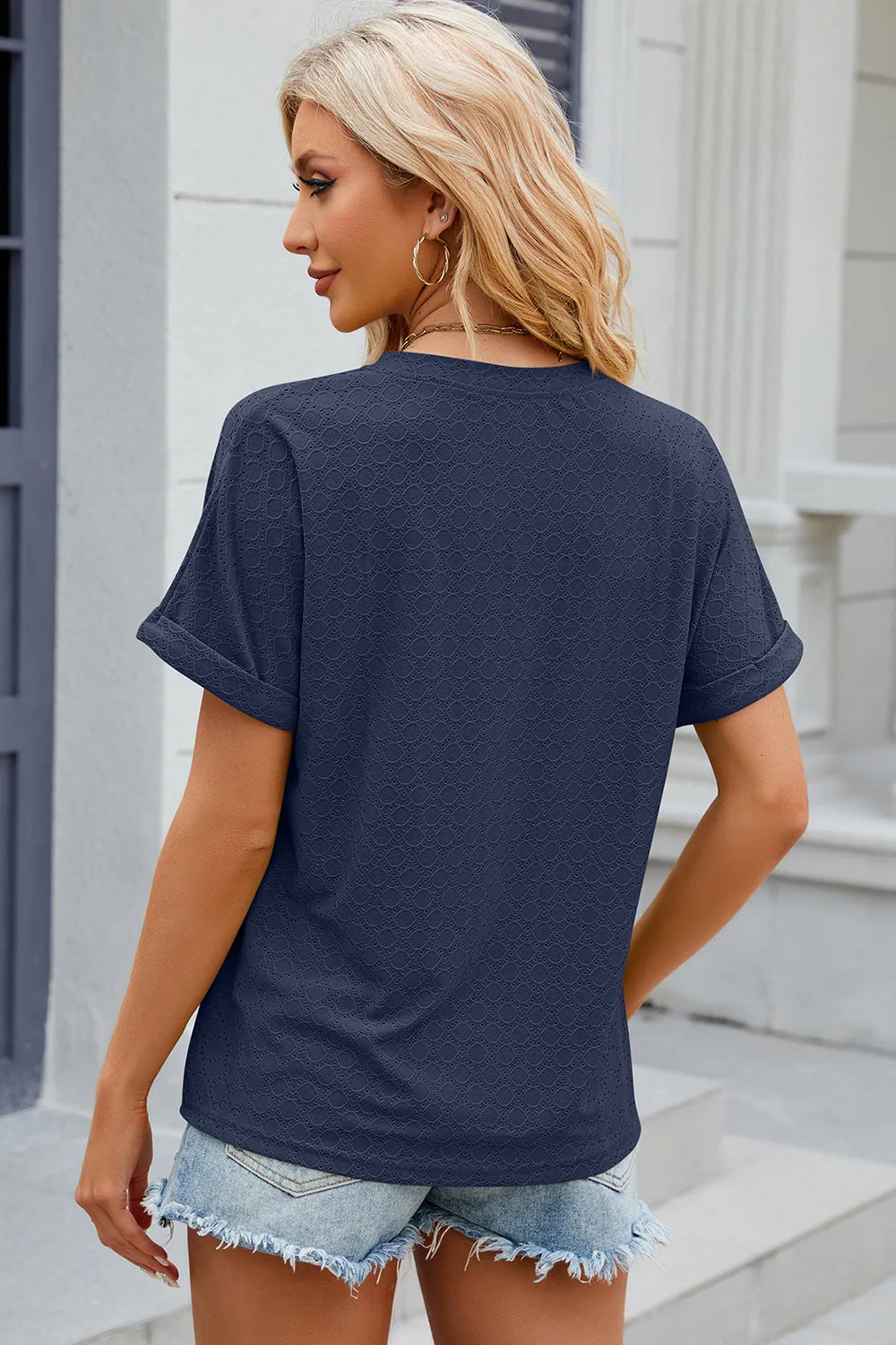 Eyelet Notched Short Sleeve T-Shirt – Trendsi | ClozArt