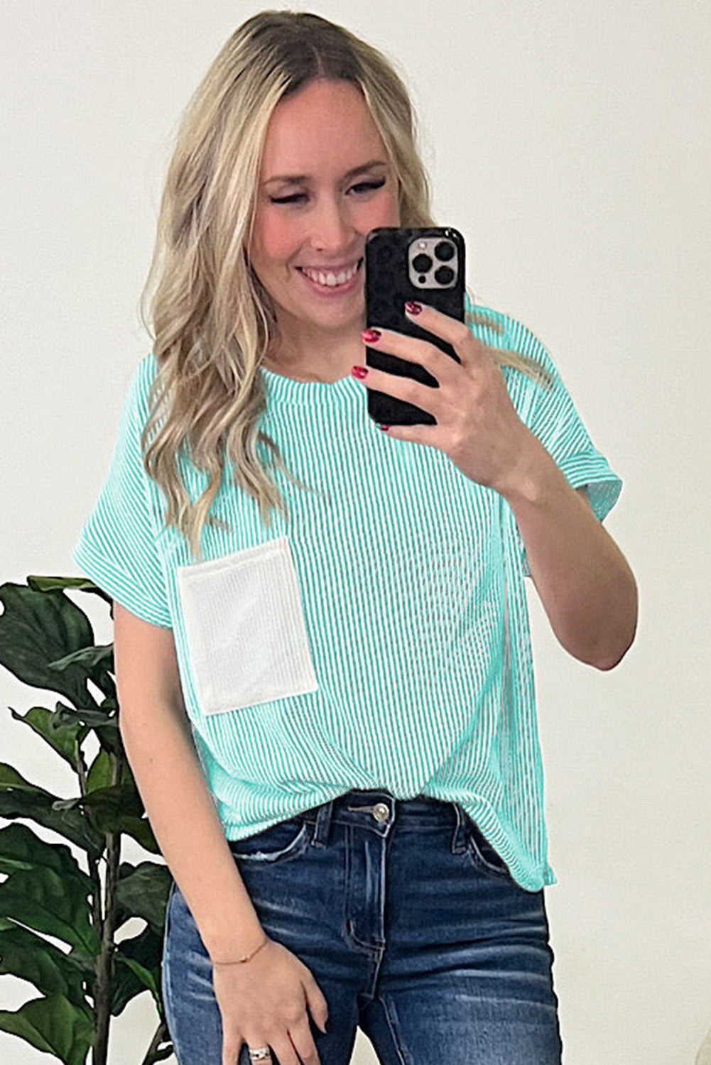 Pink Corded Colorblock Pocket Crew Neck T Shirt – Shewin | ClozArt