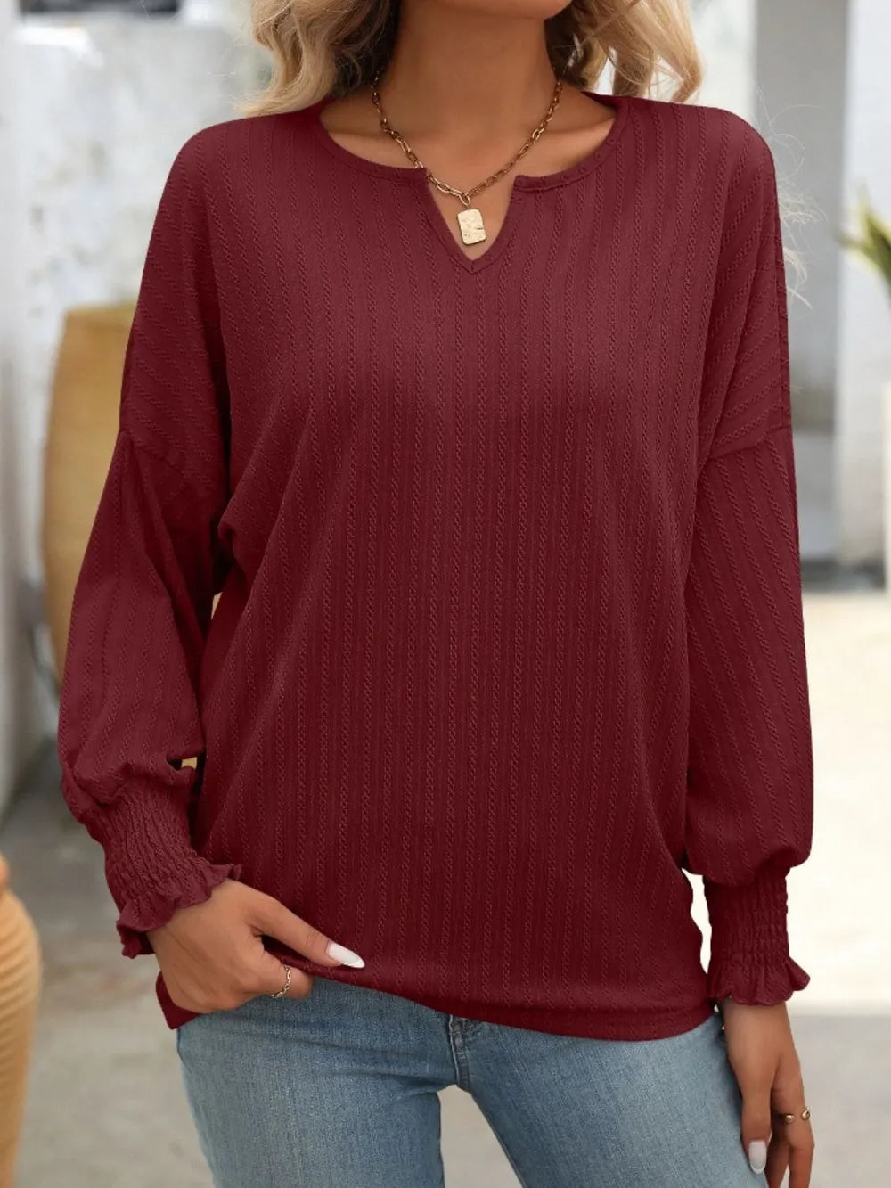 Mandy Textured Notched Lantern Sleeve T-Shirt – Trendsi | ClozArt