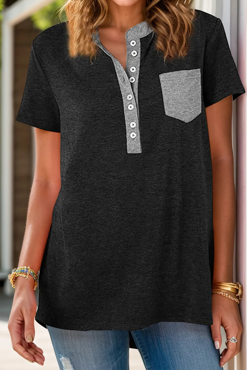 Full Size Half Button Short Sleeve T-Shirt – Trendsi | ClozArt