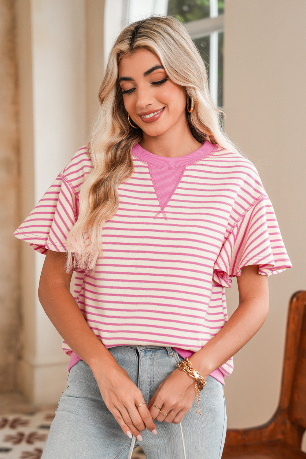 Sachet Pink Striped Ruffle Sleeve Round Neck Top – Shewin | ClozArt