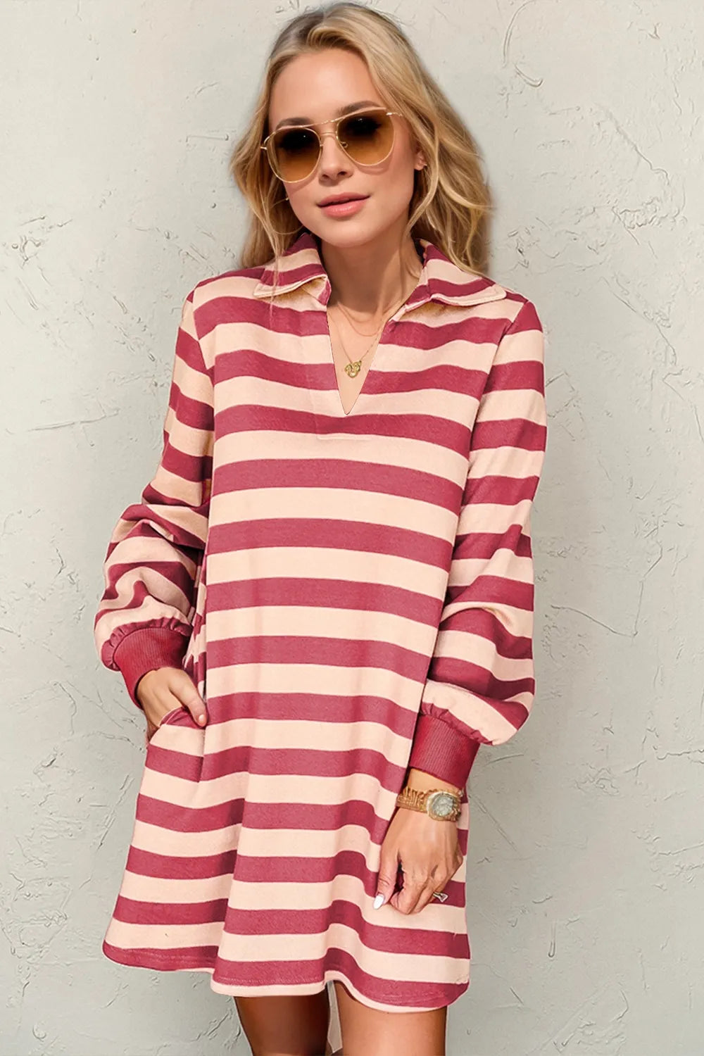 Double Take Full Size Striped Contrast Collared Neck Long Sleeve Dress – Trendsi | ClozArt