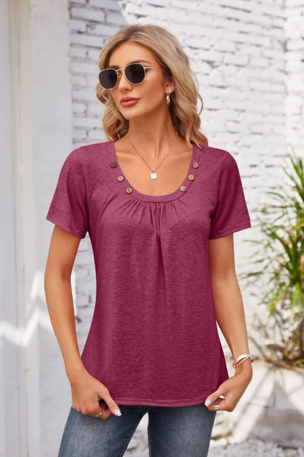 Decorative Button Scoop Neck T-Shirt – Trendsi | ClozArt