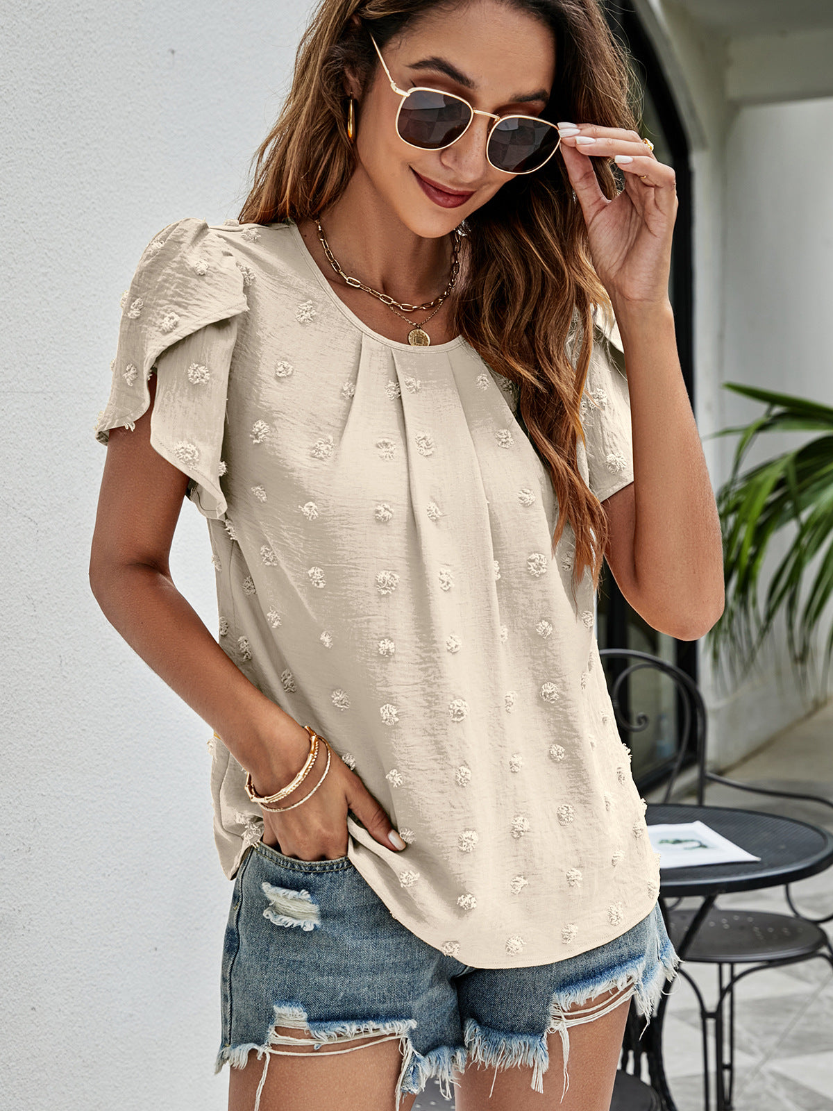 Swiss Dot Round Neck Petal Sleeve Top – Trendsi | ClozArt