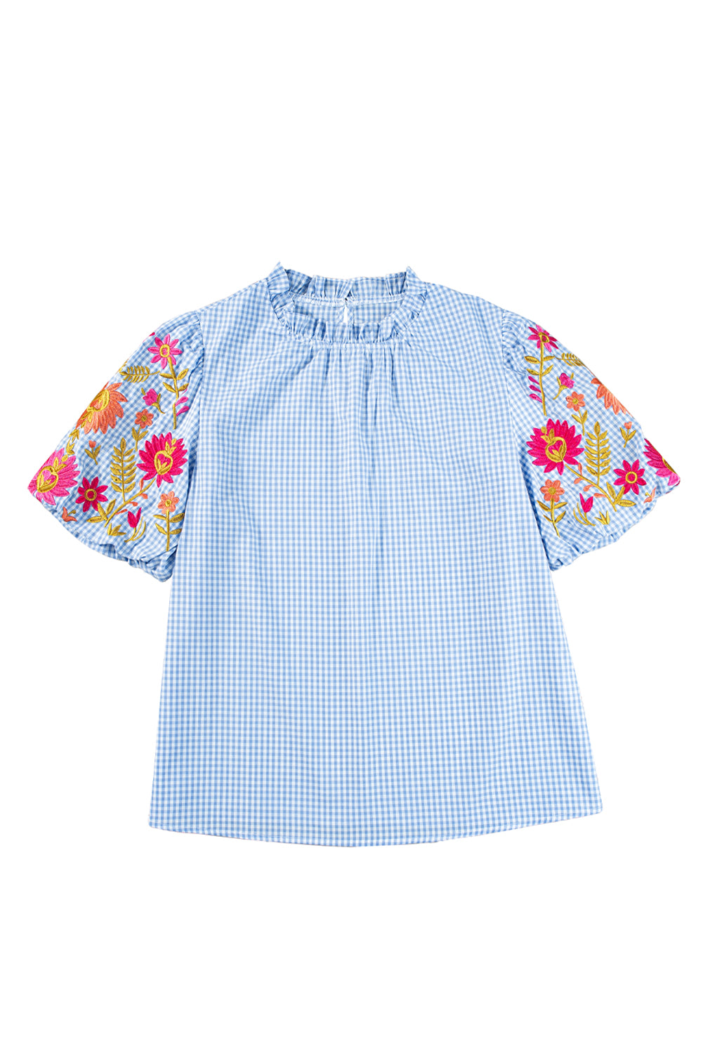 Light Blue Flower Embroidered Puff Sleeve Gingham Blouse – Shewin | ClozArt