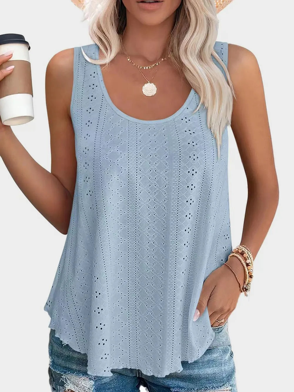 Florira Eyelet Round Neck Tank – Trendsi | ClozArt