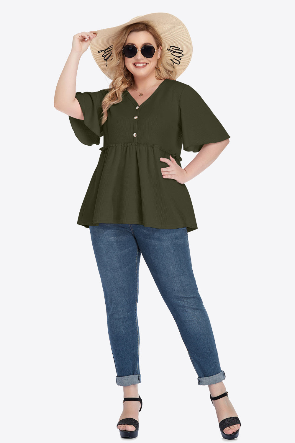 Plus Size Buttoned V-Neck Frill Trim Babydoll Blouse – Trendsi | ClozArt