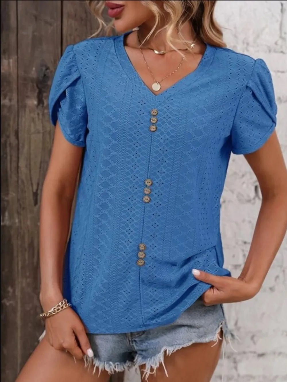Eyelet V-Neck Petal Sleeve T-Shirt – Trendsi | ClozArt