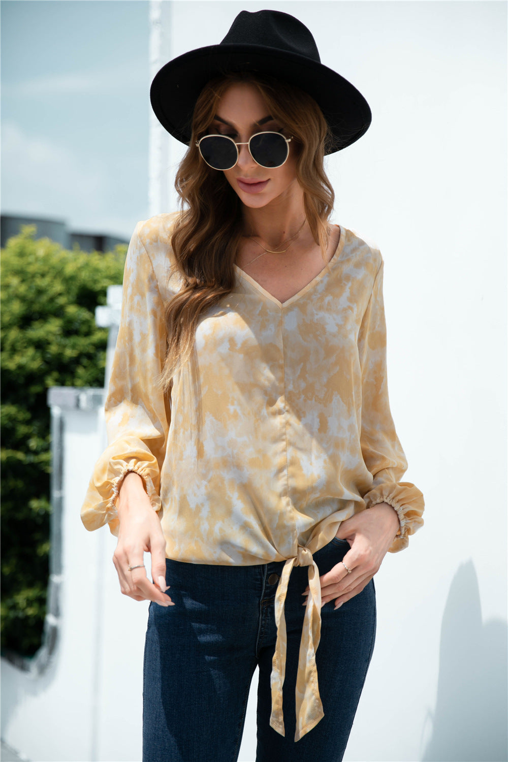 Tie-Dye Tied Balloon Sleeve Blouse – Trendsi | ClozArt