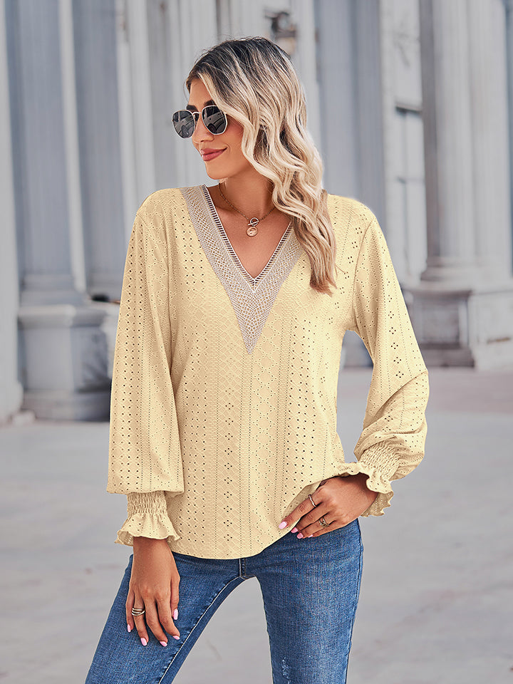V-Neck Eyelet Flounce Sleeve Blouse – Trendsi | ClozArt