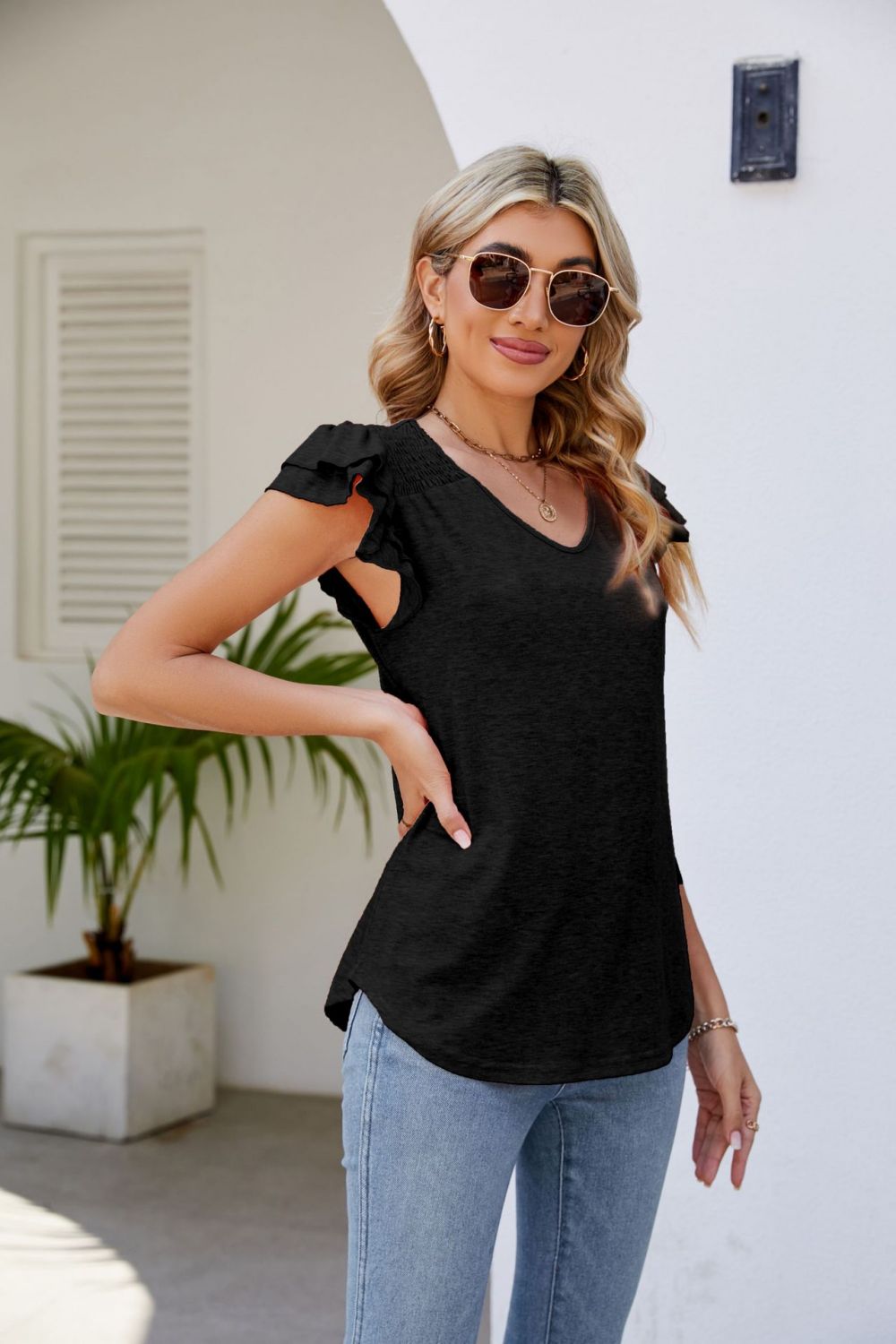 Smocked Flutter Sleeve V-Neck Top – Trendsi | ClozArt