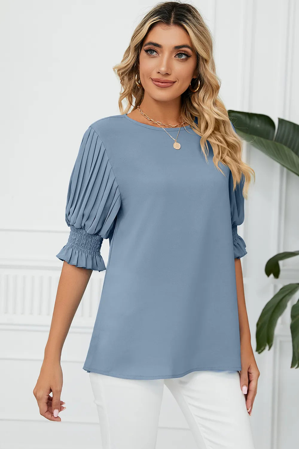 Frill Round Neck Lantern Sleeve T-Shirt – Trendsi | ClozArt