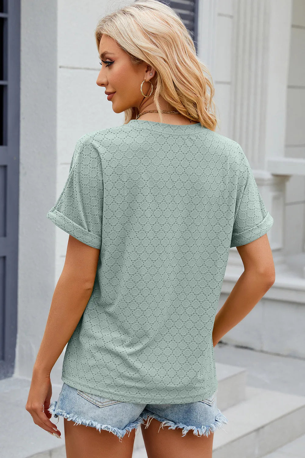 Eyelet Notched Short Sleeve T-Shirt – Trendsi | ClozArt