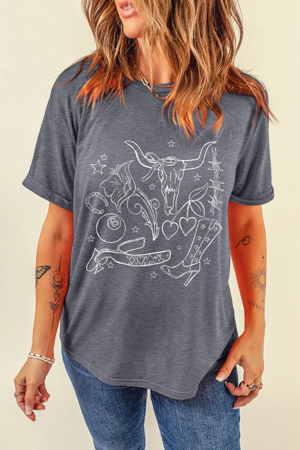Cowgirl Boots OX Head Western Graphic Crewneck Tee – Trendsi | ClozArt
