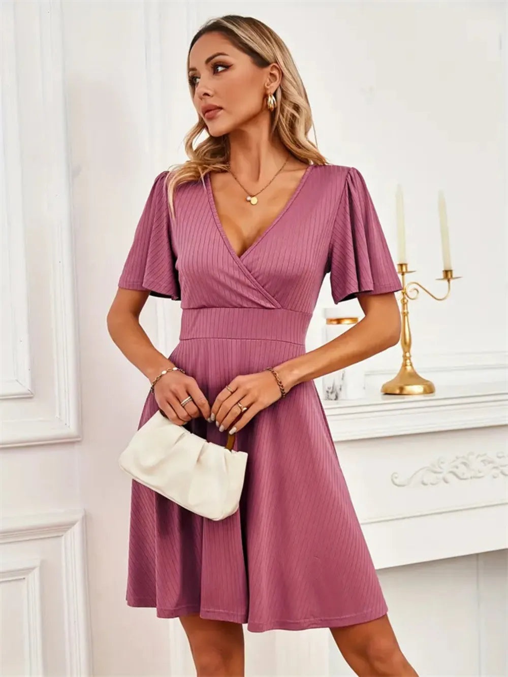 Surplice Flutter Sleeve Mini Dress – Trendsi | ClozArt