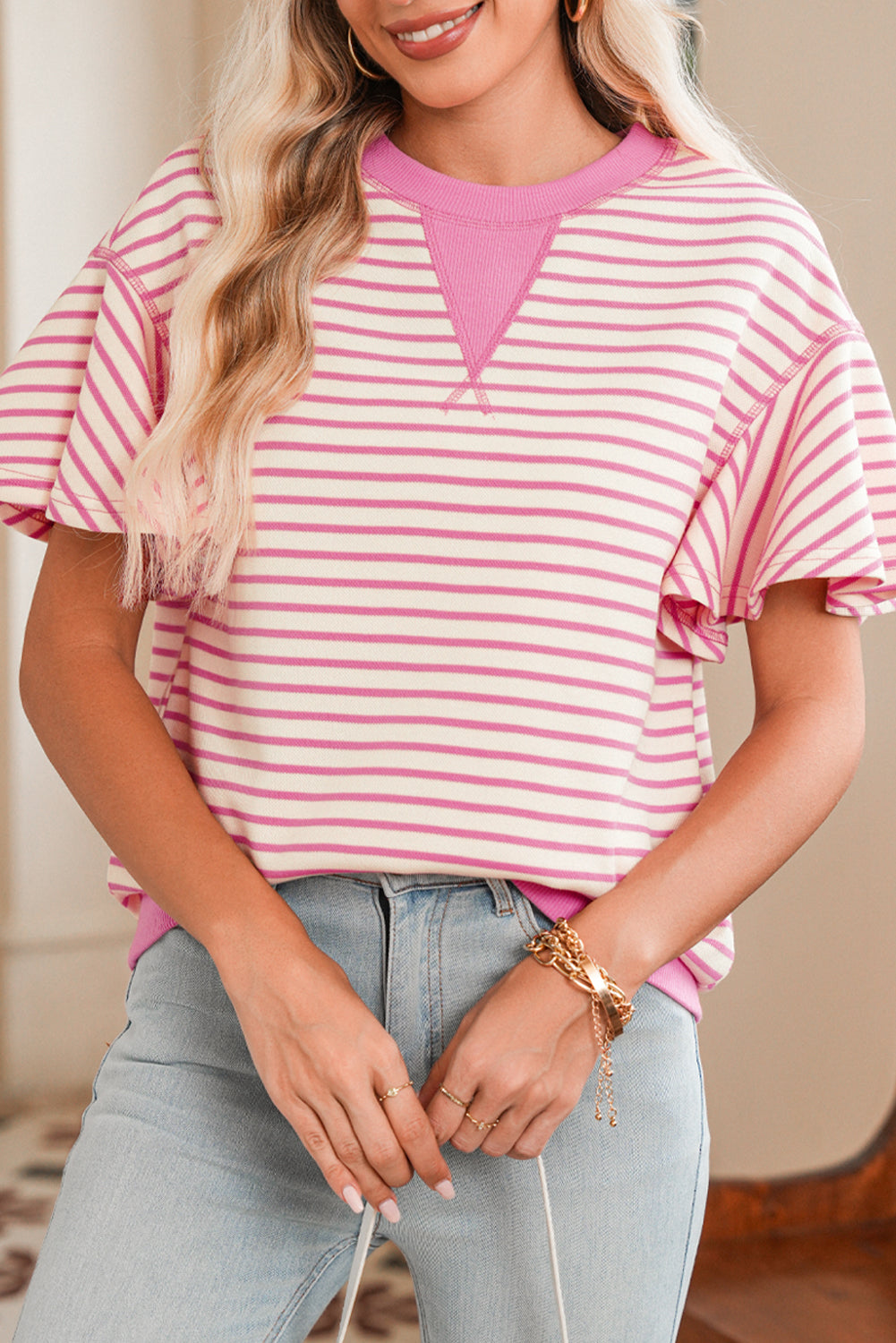 Sachet Pink Striped Ruffle Sleeve Round Neck Top – Shewin | ClozArt