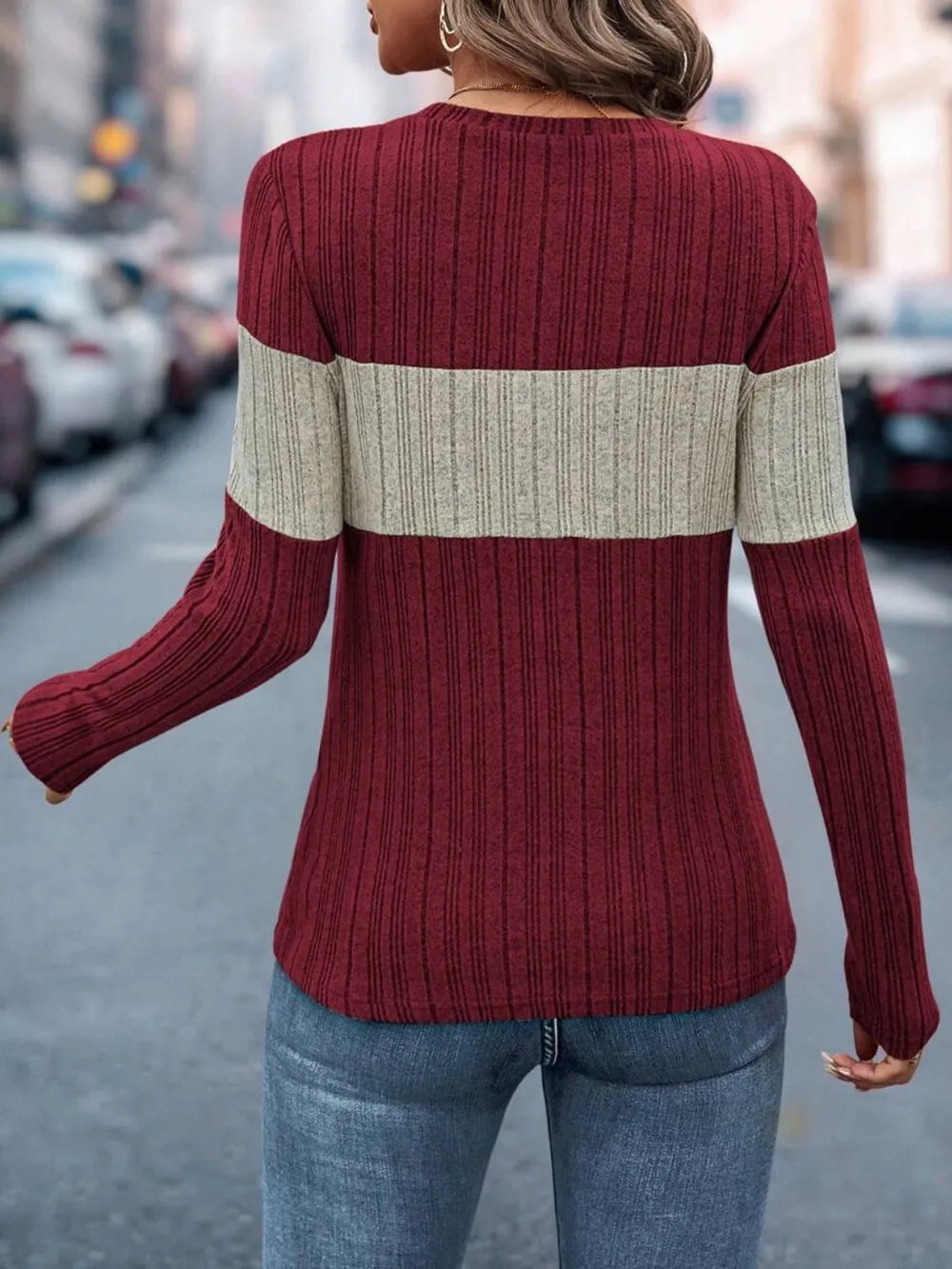 Color Block Round Neck Long Sleeve Top – Trendsi | ClozArt