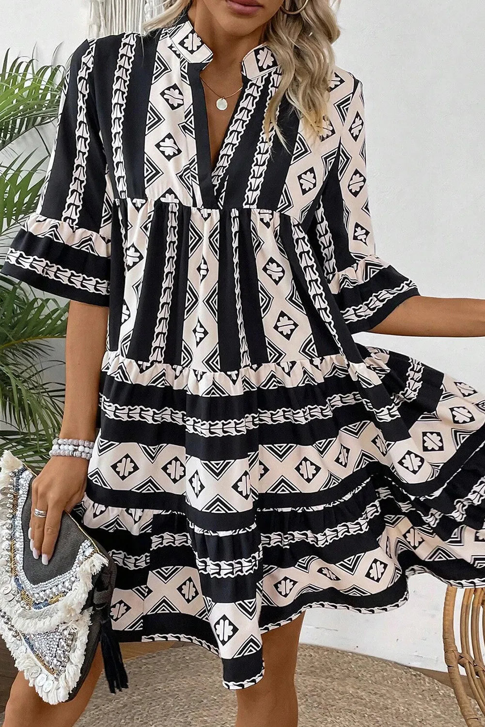 Tiered Printed Notched Half Sleeve Dress – Trendsi | ClozArt