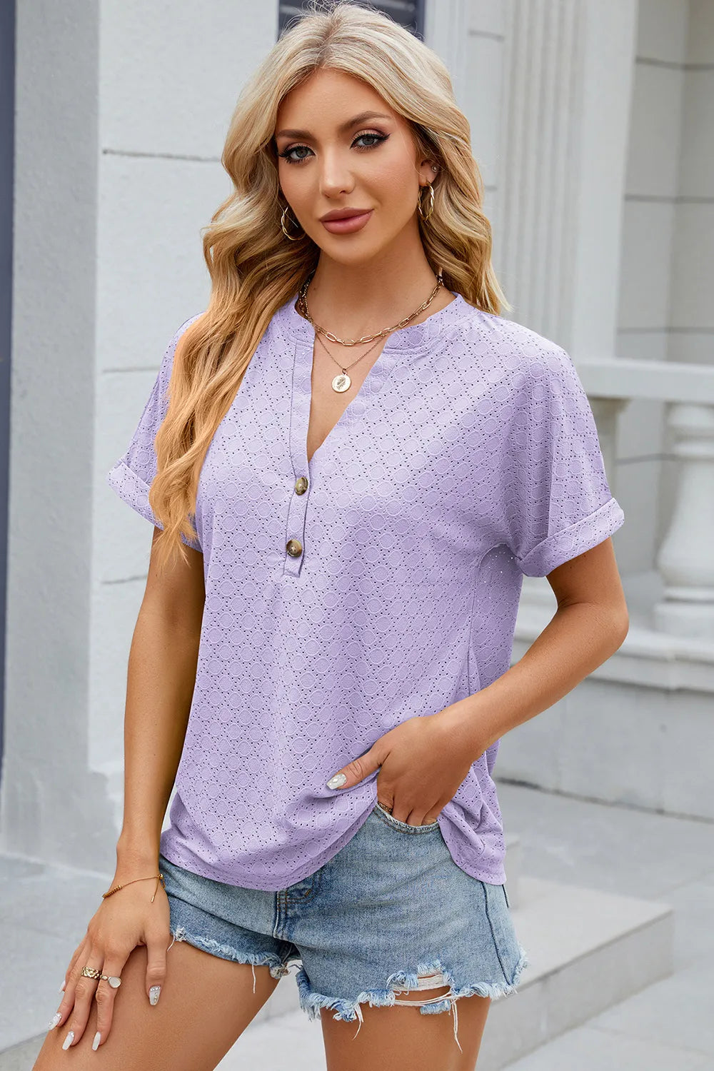 Eyelet Notched Short Sleeve T-Shirt – Trendsi | ClozArt