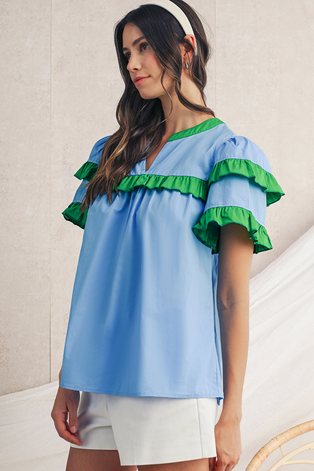 Mist Blue Ruffle Trim V-Neck Puff Sleeve Blouse – Shewin | ClozArt