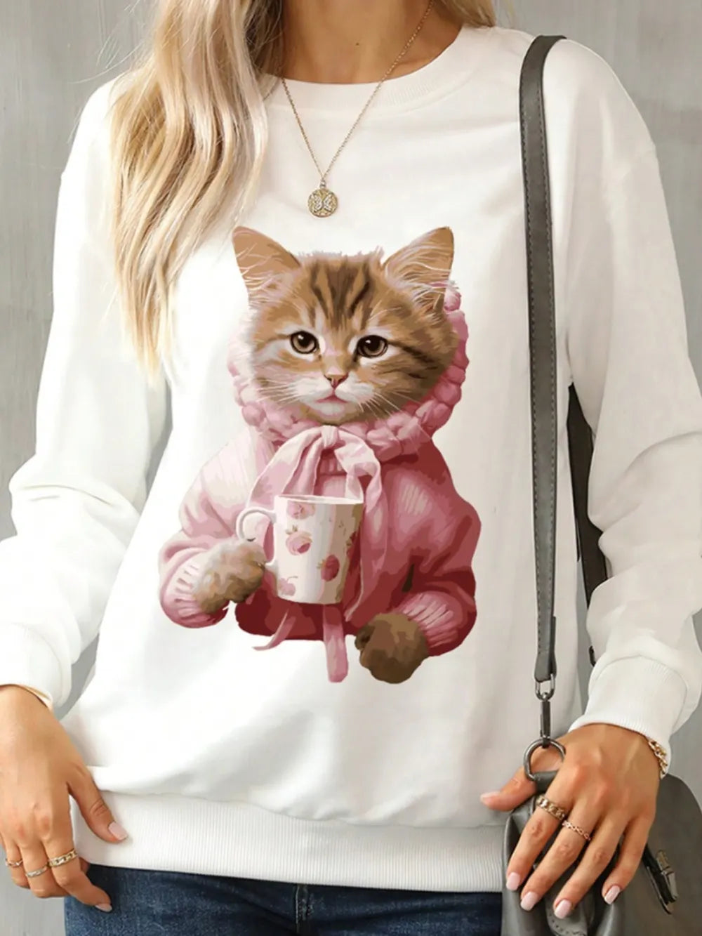 Cat Round Neck Long Sleeve Sweatshirt – Trendsi | ClozArt