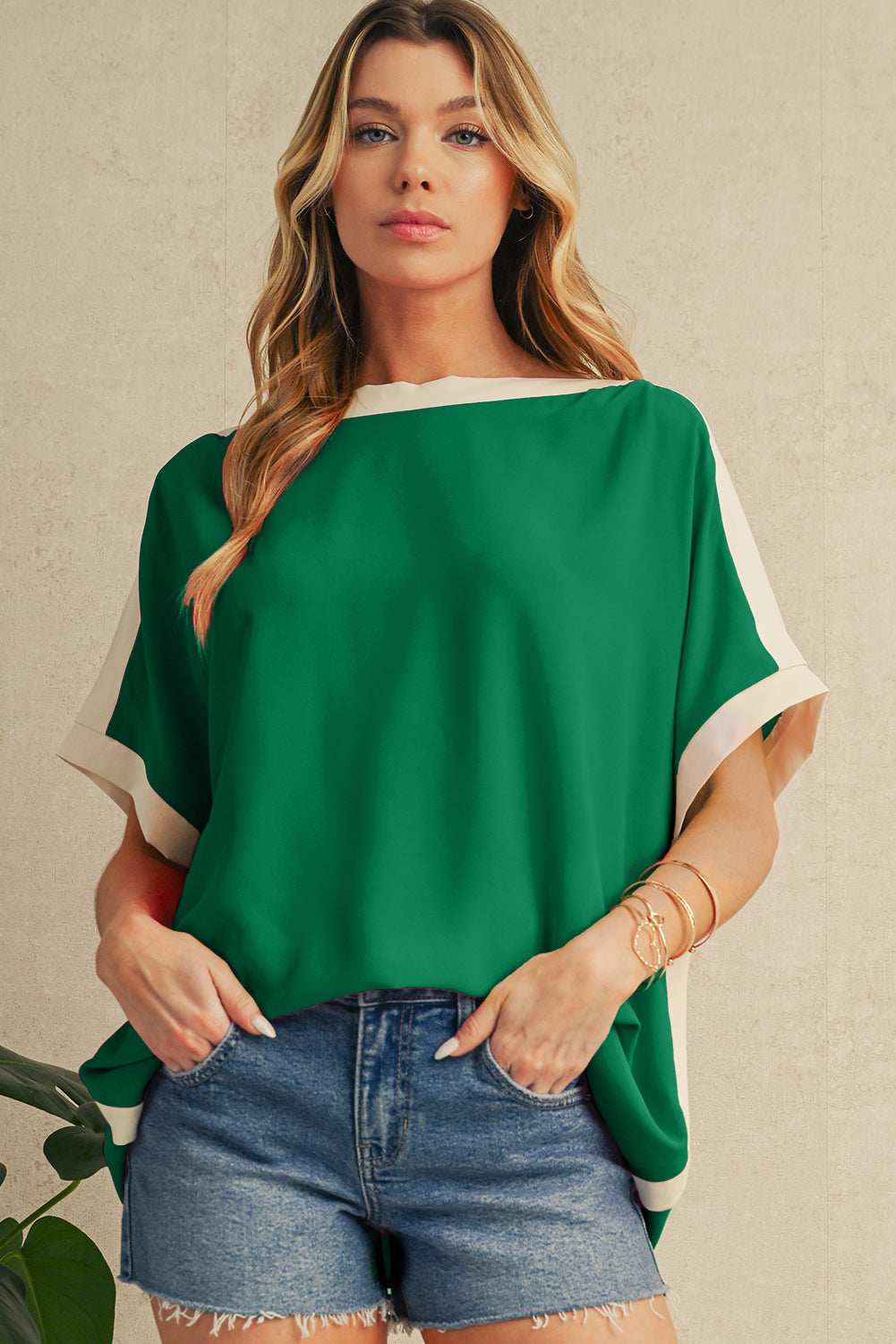 Green Colorblock Batwing Sleeve Boat Neck Blouse – Shewin | ClozArt