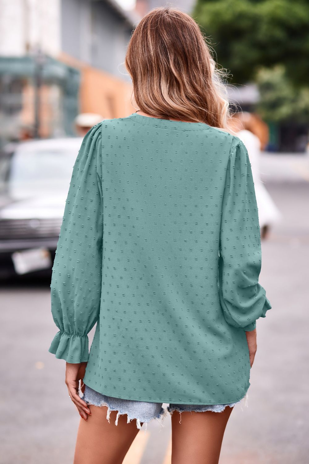 Swiss Dot Notched Neck Flounce Sleeve Blouse – Trendsi | ClozArt