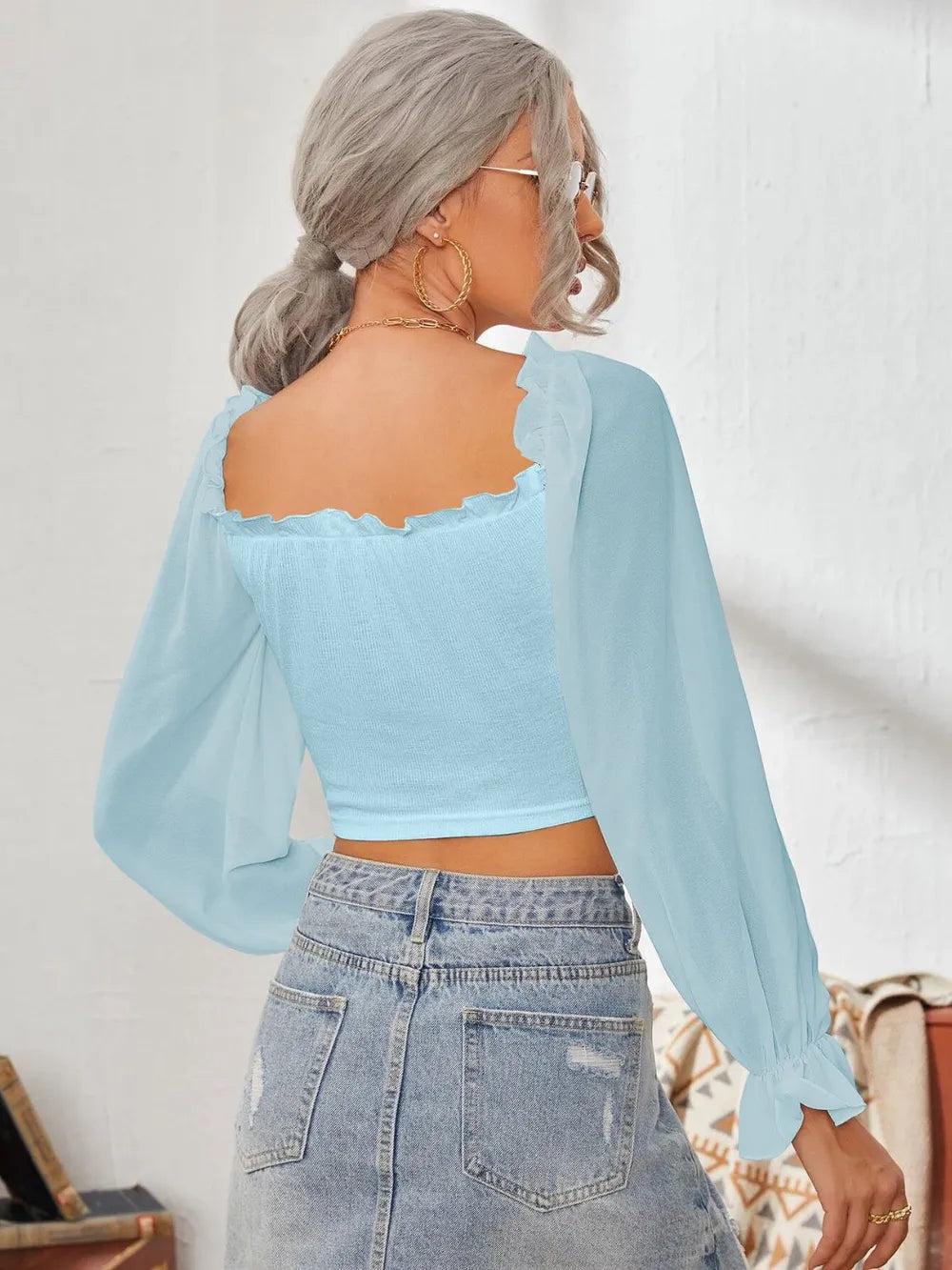 Mesh Sweetheart Neck Flounce Sleeve Top – Trendsi | ClozArt