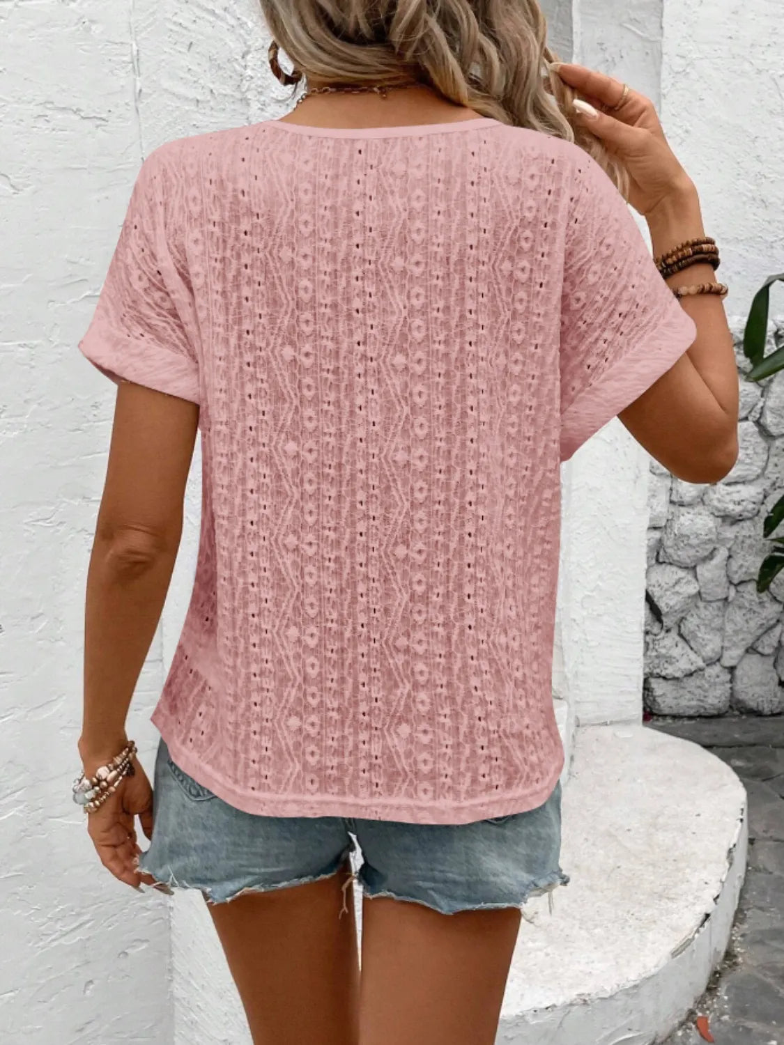 Eyelet Round Neck Short Sleeve Top – Trendsi | ClozArt