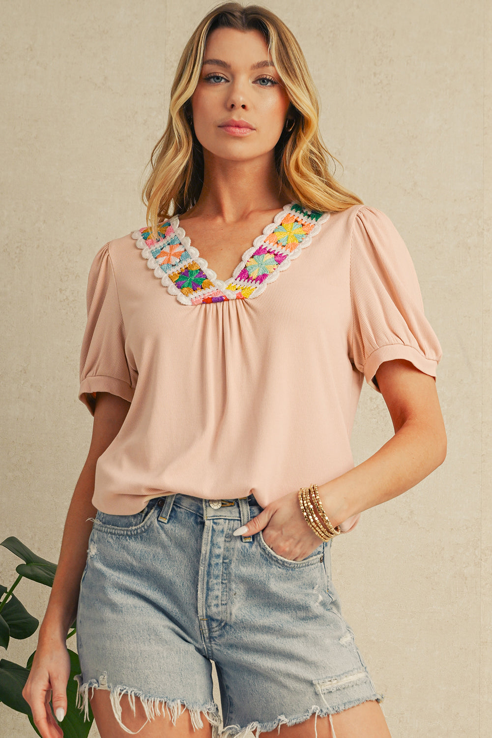 Pale Chestnut Floral Crochet V Neck Crinkled Blouse – Shewin | ClozArt