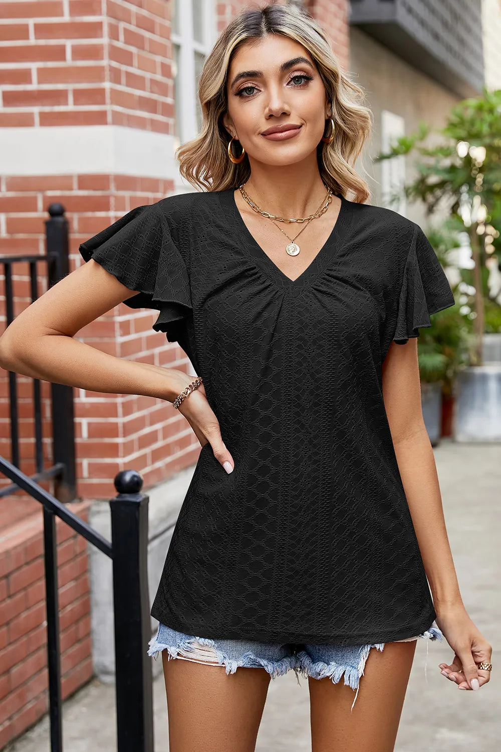 Eyelet V-Neck Flutter Sleeve T-Shirt – Trendsi | ClozArt