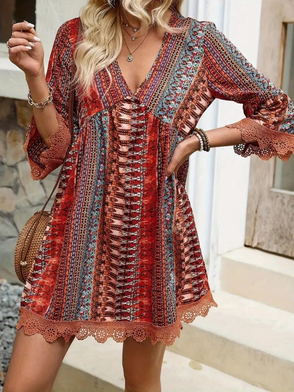 Lace Trim Printed V-Neck 3/4 Sleeve Dress – Trendsi | ClozArt