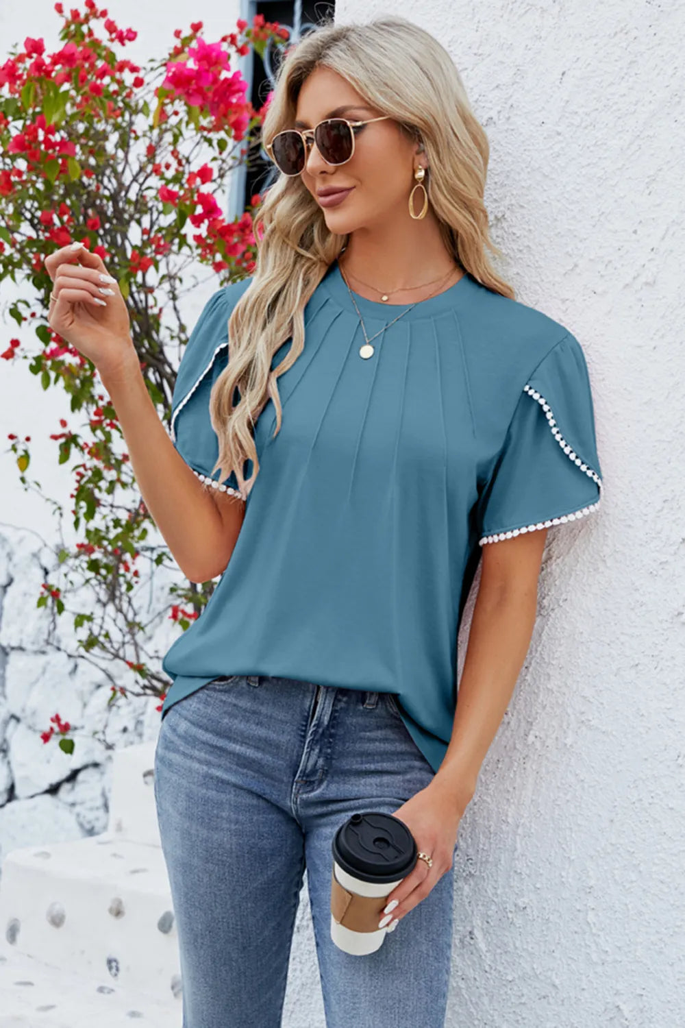 Round Neck Petal Sleeve T-Shirt – Trendsi | ClozArt