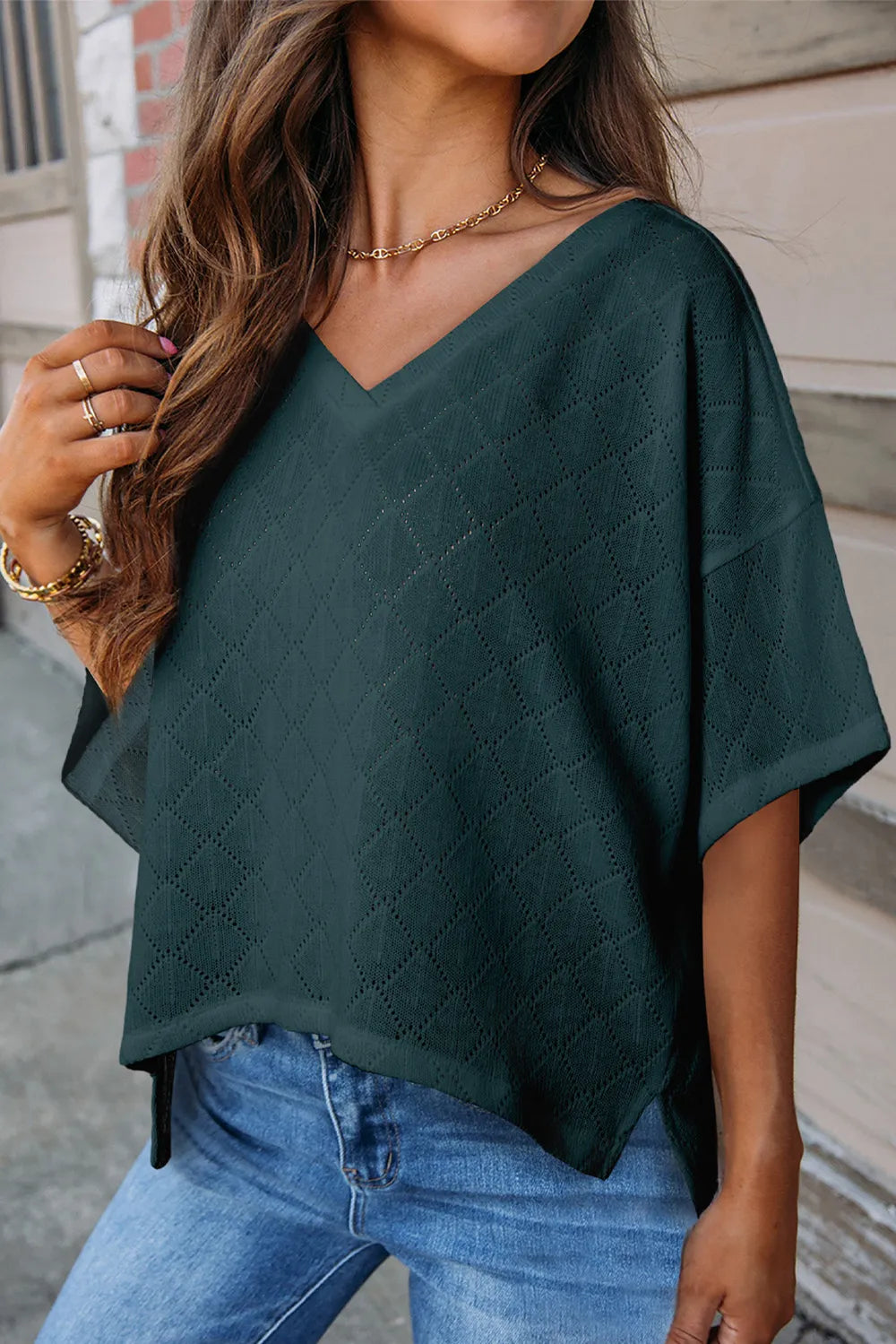 Eyelet V-Neck Dropped Shoulder T-Shirt – Trendsi | ClozArt