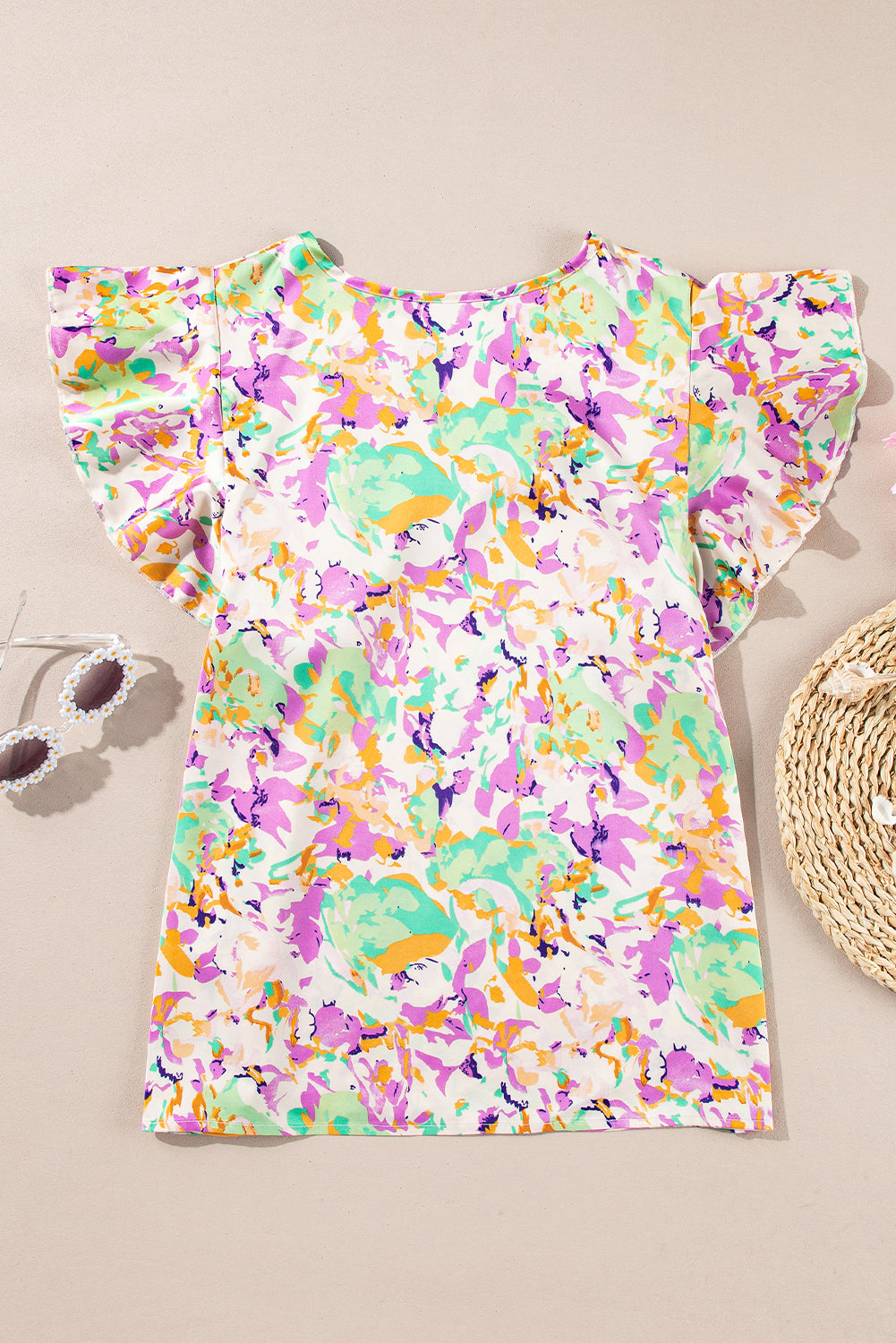 Purple Abstract Print Ruffled Short Sleeve Notched Neck Blouse – Shewin | ClozArt