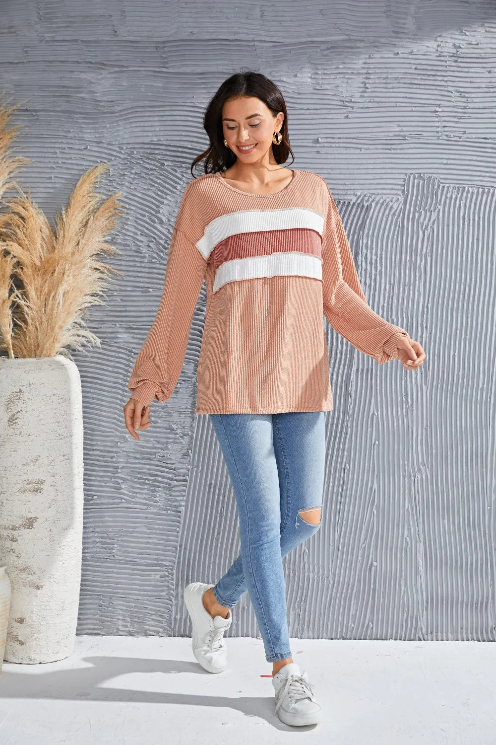 Ribbed Color Block Exposed Seam Round Neck Blouse – Trendsi | ClozArt