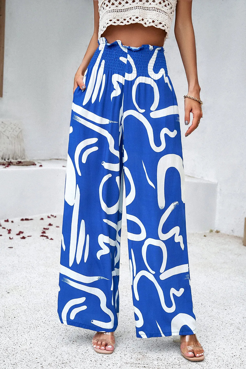 Devine Smocked Printed Wide Leg Pants with Pockets – Trendsi | ClozArt