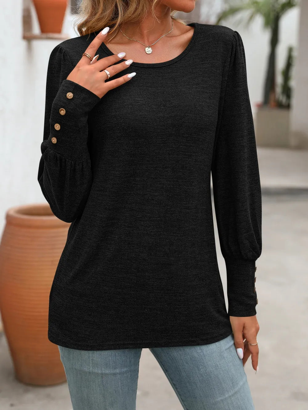 Decorative Button Round Neck Long Sleeve T-Shirt – Trendsi | ClozArt