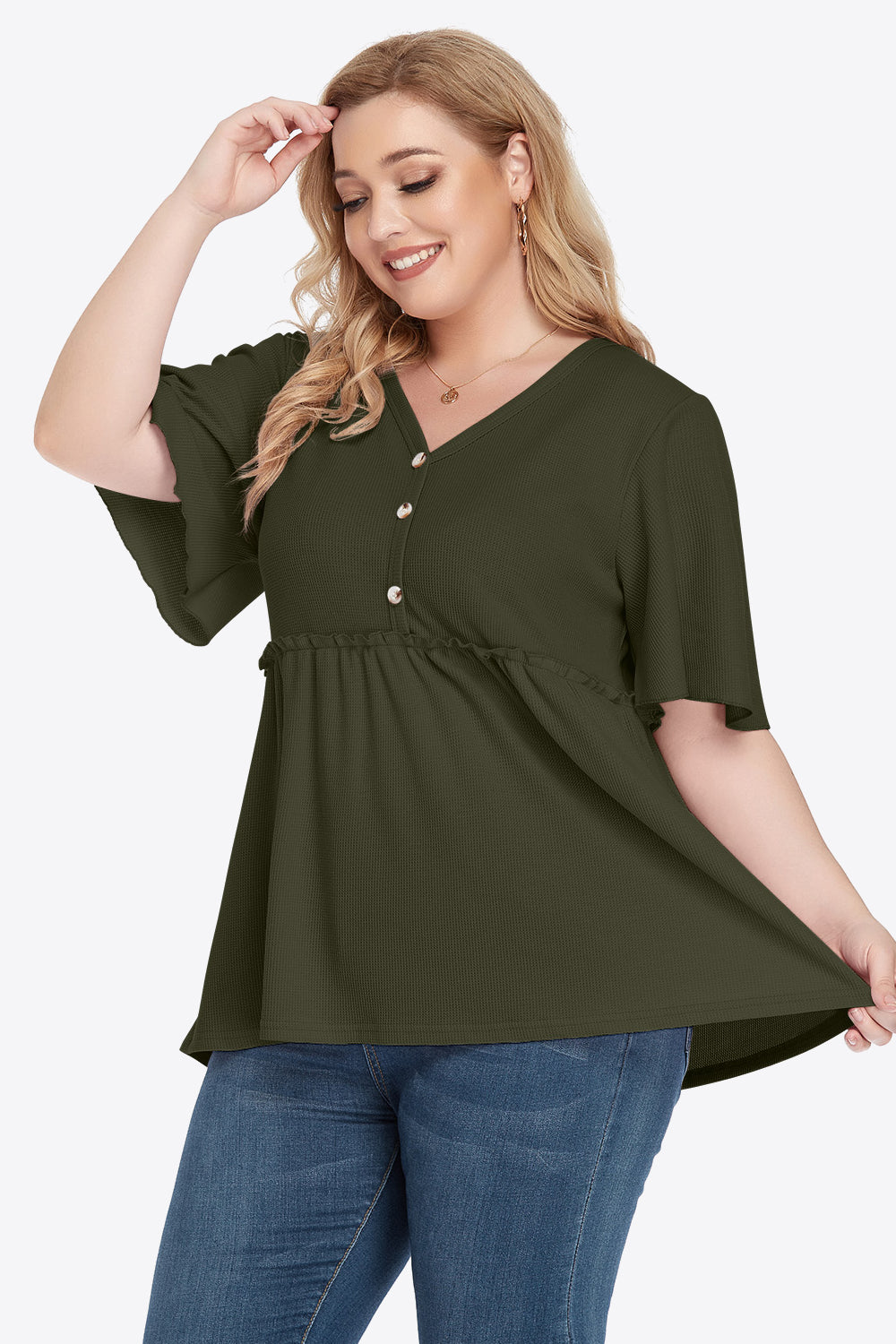 Plus Size Buttoned V-Neck Frill Trim Babydoll Blouse – Trendsi | ClozArt