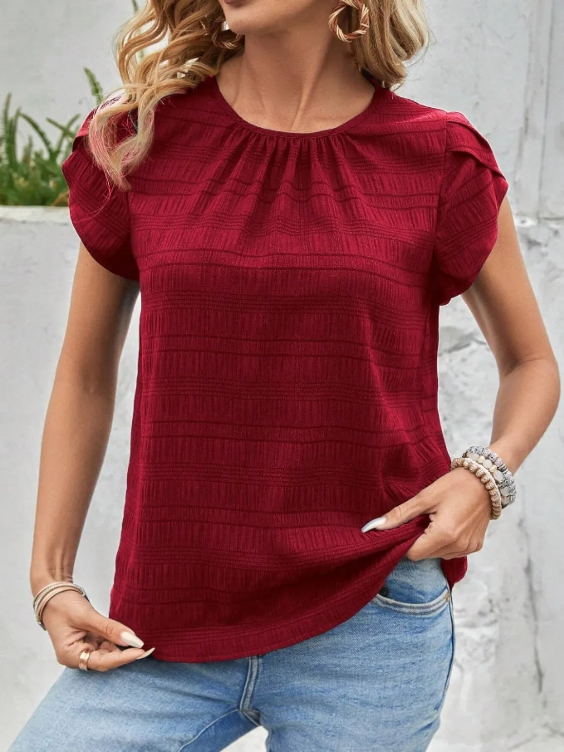 Round Neck Petal Sleeve Top – Trendsi | ClozArt