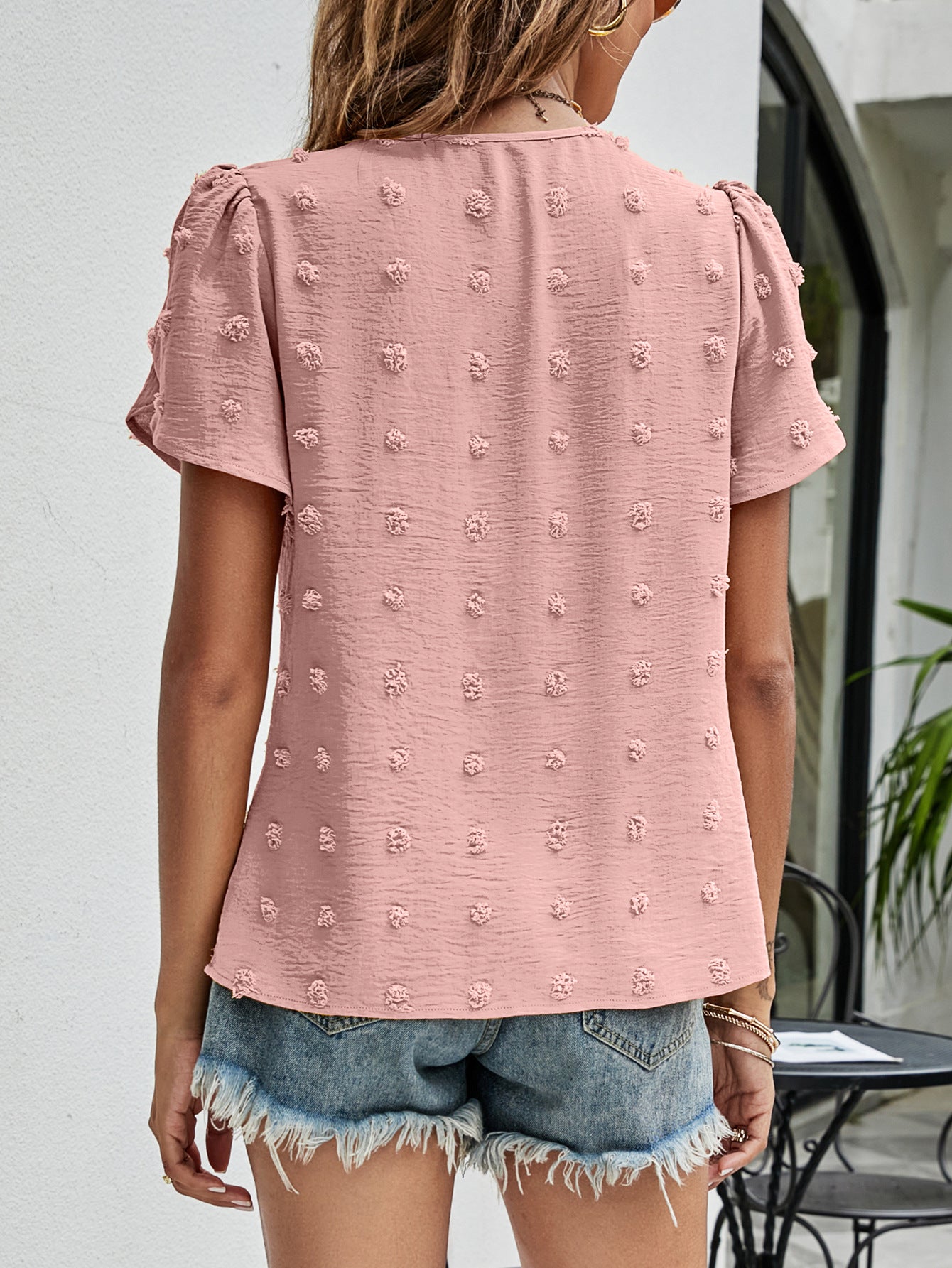 Swiss Dot Round Neck Petal Sleeve Top – Trendsi | ClozArt