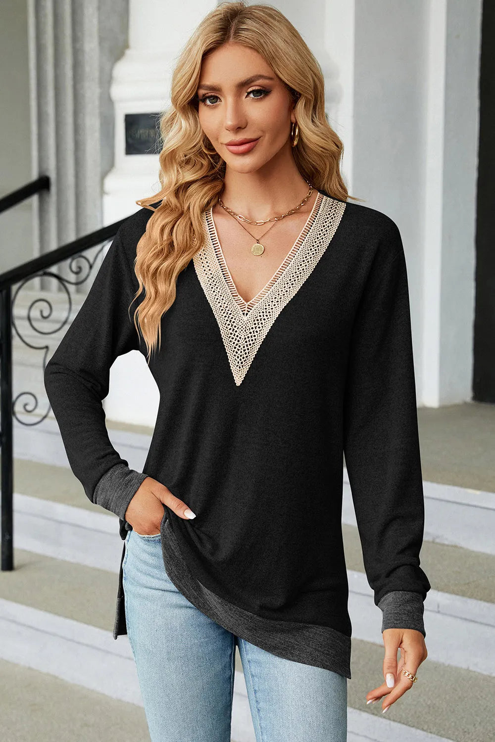 Slit V-Neck Long Sleeve T-Shirt – Trendsi | ClozArt