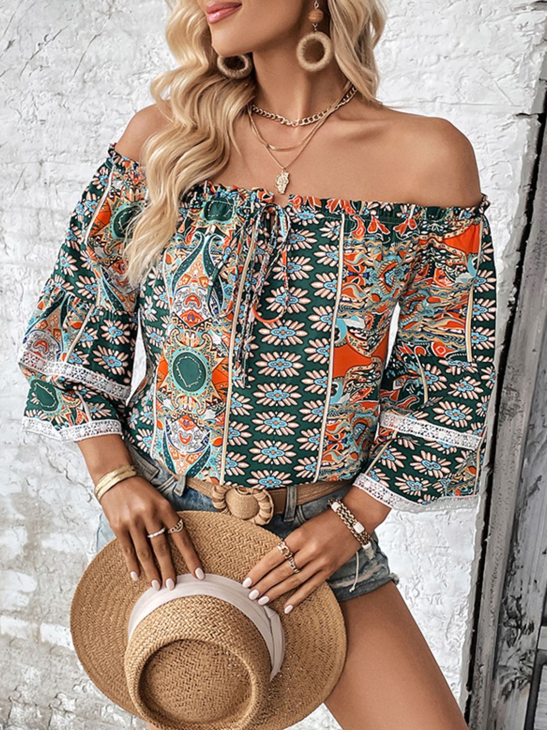 Perfee Printed Frill Trim Off-Shoulder Blouse – Trendsi | ClozArt