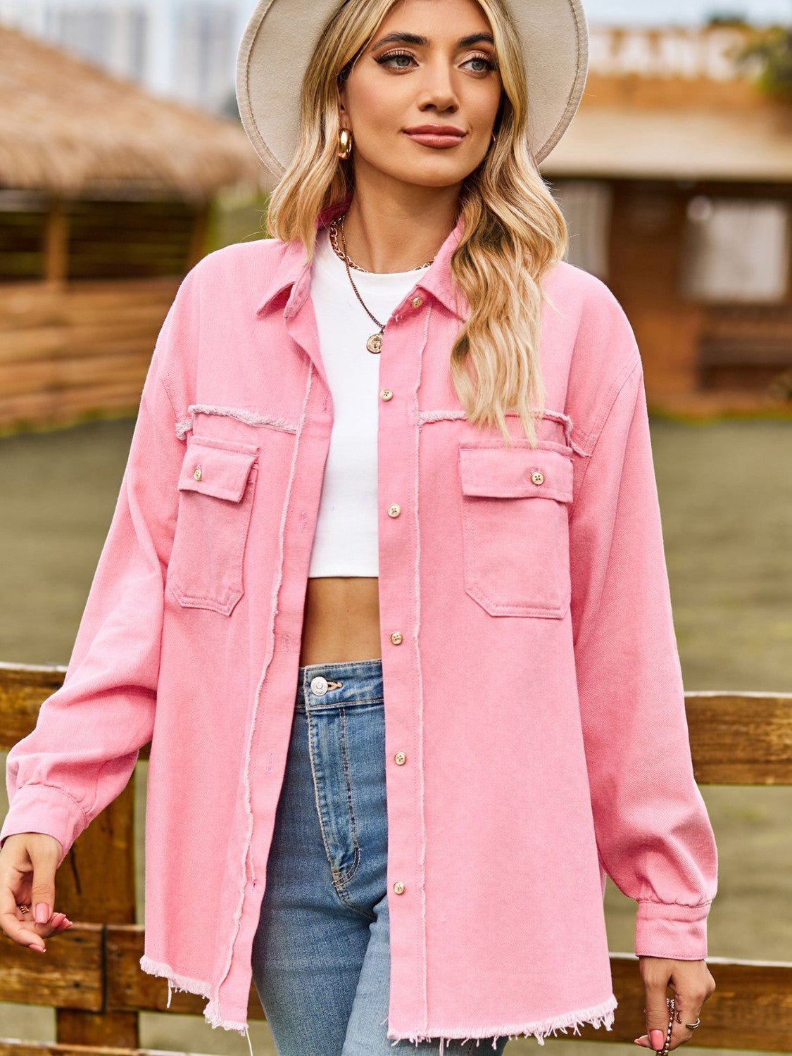 Button Up Collared Neck Raw Hem Denim Top – Trendsi | ClozArt
