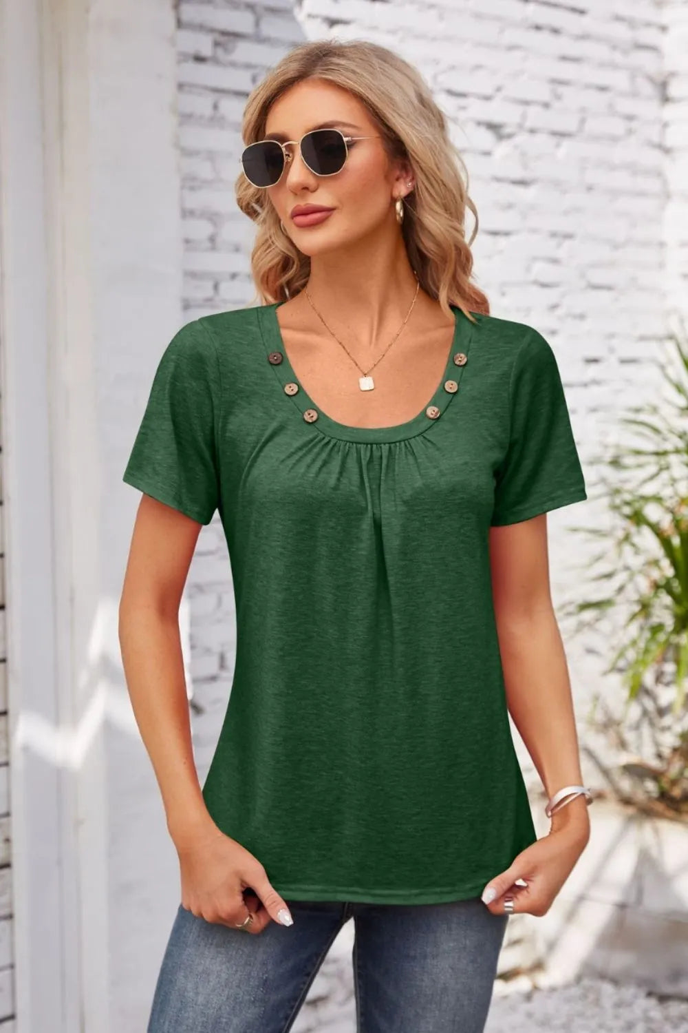 Decorative Button Scoop Neck T-Shirt – Trendsi | ClozArt