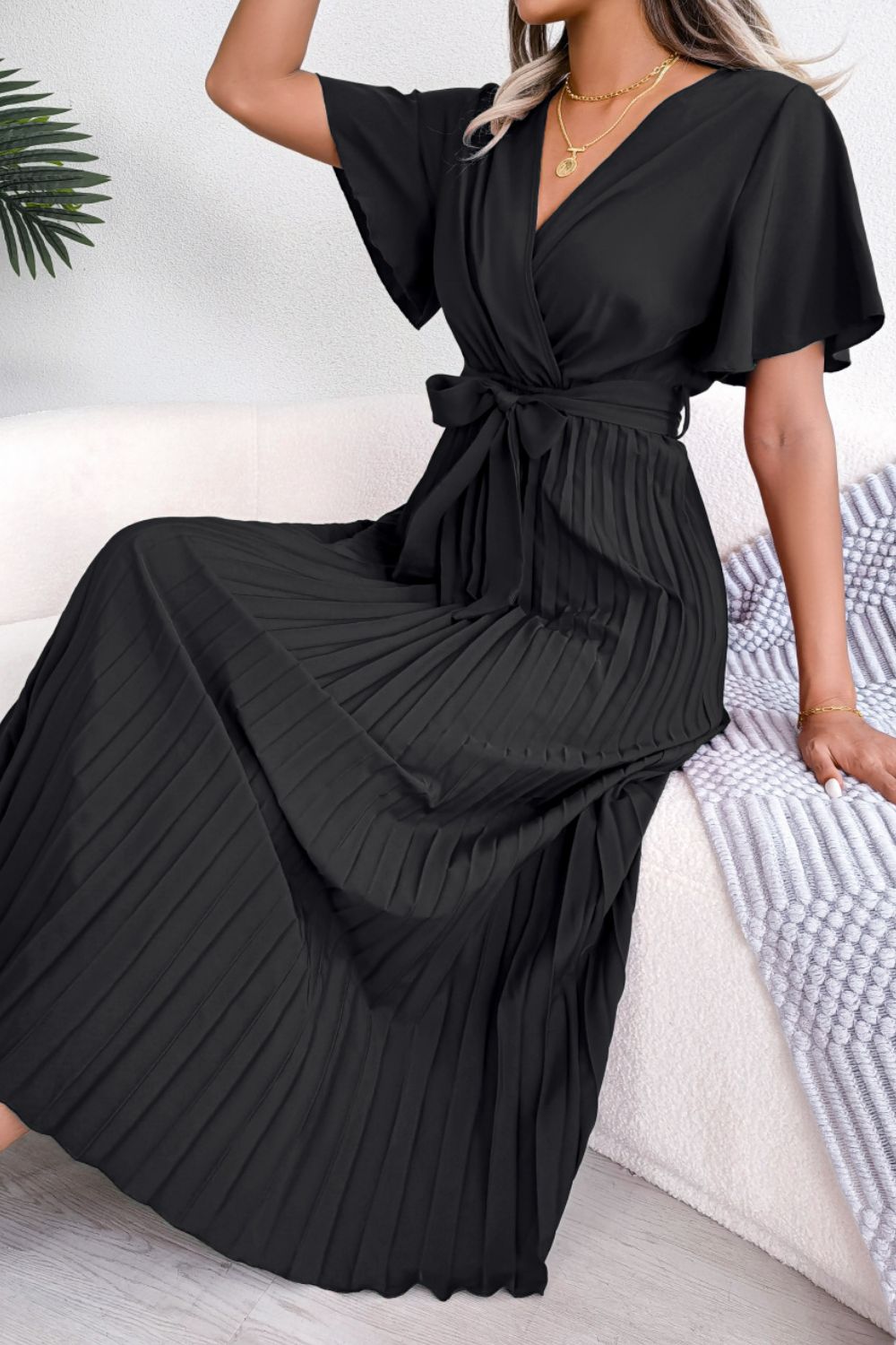 Pleated Flutter Sleeve Belted Dress – Trendsi | ClozArt