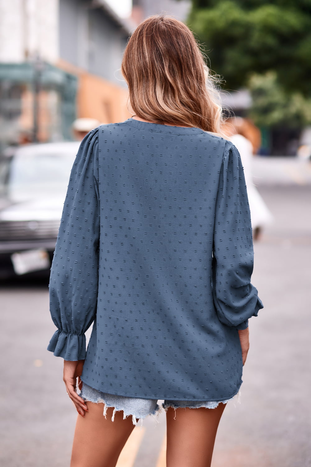Swiss Dot Notched Neck Flounce Sleeve Blouse – Trendsi | ClozArt
