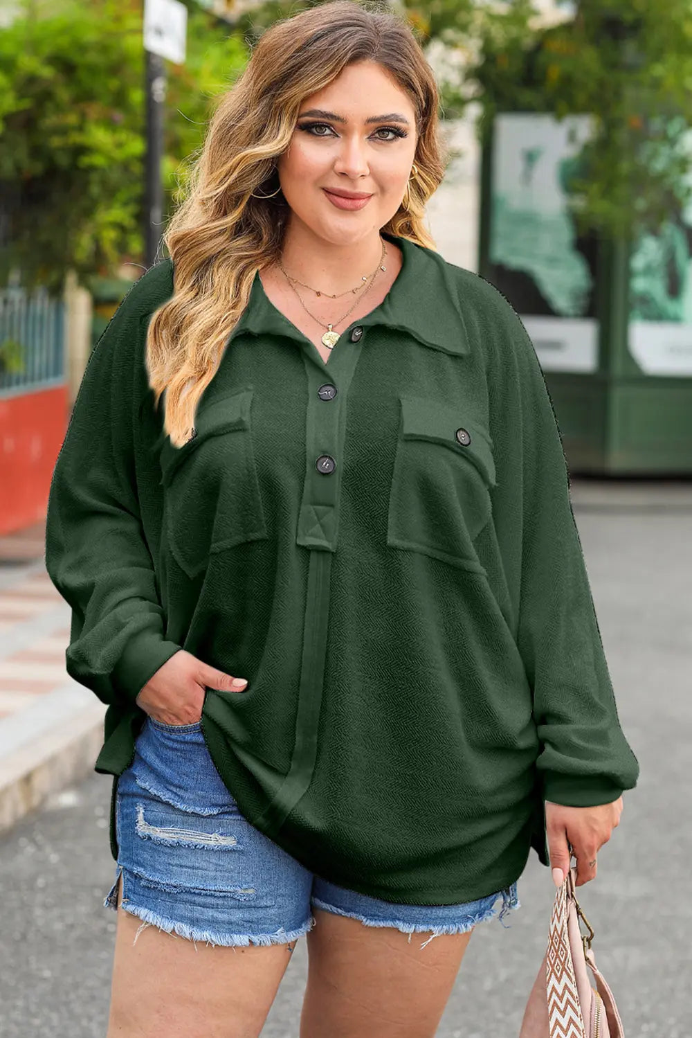 Plus Size Half Button Collared Neck Long Sleeve Blouse – Trendsi | ClozArt