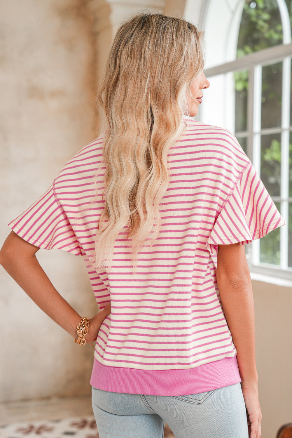 Sachet Pink Striped Ruffle Sleeve Round Neck Top – Shewin | ClozArt